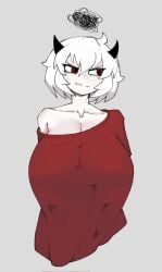 1girls arms_behind_back black_horns breasts cleavage closed_mouth collarbone cropped_torso demon demon_girl demon_horns gigantic_breasts glasscrow grey_background helltaker horns looking_to_the_side malina_(helltaker) off-shoulder_shirt red_eyes red_shirt shirt simple_background solo squiggle wavy_mouth white_hair