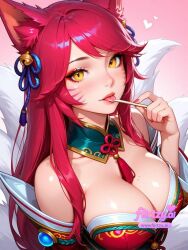 ahri ai_assisted ai_generated animal_ears bangs bare_shoulders bell blue_ribbon blush breasts cleavage collarbone eyebrows_visible_through_hair facepaint facial_mark female fox_ears fox_girl fox_tail gradient gradient_background hair_bell hair_ornament hair_ribbon heart jingle_bell large_breasts lips long_hair looking_at_viewer low_neckline mole_on_breast multiple_tails nail_polish off_shoulder pink_background pink_hair pink_nails red_hair ribbon slit_pupils smile solo tail upper_body vastaya whisker_markings yellow_eyes