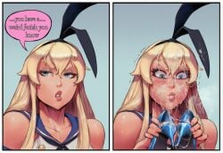 1boy after_oral ai_generated before_after blonde_hair blue_eyes blush bukkake bunny_ears bustybunz comic commentary_request cum cum_in_mouth cum_on_clothes cum_on_face cum_string facial femboy gokkun long_hair looking_at_viewer multiple_views sailor_outfit semen shimakaze-kun speech_bubble sweat tagme thick_cum