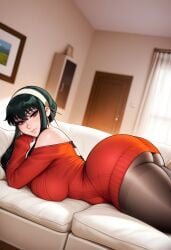 yor_briar yor_forger spy_x_family light-skinned_female light_skin 1girls 1girl solo solo_female female_only curvy curvy_figure curvaceous curvy_female curvy_body curvaceous_figure curvaceous_female voluptuous voluptuous_female long_hair black_hair red_eyes hi_res highres ai_generated ai-created stable_diffusion dreamcoreart teasing teasing_viewer huge_breasts huge_ass large_breasts venus_body slender_waist busty indoor long_sleeves red_sweater