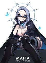 1girls absurdres adjusting_eyewear amalee ass blue_butterfly blue_eyes bra breasts bug butterfly butterfly_brooch butterfly_ornament cleavage female grey_hair gun halo handgun highres hips indie_virtual_youtuber jacket lace lace_bra lace_collar lace_garter_belt latex_thigh_boots long_hair looking_over_eyewear looking_over_sunglasses mafia medium_breasts monarch_(amalee) monarch_amalee nebura_(neburaart) sitting sunglasses thick thighhighs thighs tinted_eyewear underwear virtual_youtuber vtuber weapon white_background wide_hips