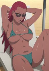 1girls absurd_res ai_generated armpits arms_behind_head arms_up beach beach_chair beach_umbrella big_breasts bikini bikini_bottom bikini_top blush blush_lines boruto:_naruto_next_generations breast_focus breasts brown_skin cameltoe chair curvy curvy_female curvy_figure dark-skinned_female dark_skin erect_nipples extremely_large_filesize eyelashes eyeshadow female from_below hi_res high_resolution kageno karui looking_at_viewer mature mature_female micro_bikini midriff milf naruto naruto_(series) navel nipples ocean outdoors pinup pussy red_hair revealing_swimsuit sea seaside sunglasses sweat swimsuit thick_thighs thigh_gap thighs tinted_eyewear toned toned_female umbrella very_long_hair wet wet_skin yellow_eyes