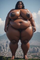 ai_generated barefoot bbw belly_bulge black_hair blue_eyes brazilian_female city clitoris ebony_female female_oc giantess nipples nude perchance_ai portrait pussy