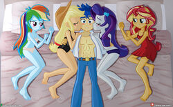 abs applejack_(mlp) blush bra dieart77 equestria_girls flash_sentry friendship_is_magic harem human_male humanized imminent_sex in_bed jeans kiss_on_cheek lingerie multiple_girls my_little_pony negligee open_shirt panties personification rainbow_dash_(mlp) rarity_(mlp) smooth_skin sunset_shimmer