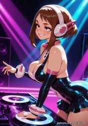 2026 ai_generated anime bare_shoulders blush blush_stickers boku_no_hero_academia breasts brown_eyes brown_hair cleavage crossover detached_sleeves female female_focus female_only flushed grin headphones highres huge_breasts large_breasts leaning_forward leotard my_hero_academia nsfw ochako_uraraka patreon patreon_username rognezart short_hair sidelocks smile smiling solo speaker teeth uraraka_ochako watermark web_address