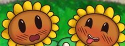 blurry_background blush duo embarassed game_background green_background plants_vs_zombies pvz smile sunflower_(pvz) tagme tongue_out twin_sunflower_(pvz)