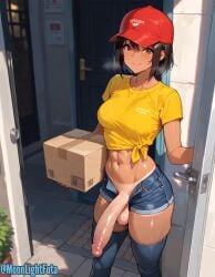 ai_generated moonlightfuta futanari abs cap minishorts tan_body tan_skin brown_hair thighhighs package full-package_futa delivery_employee delivery delivery_girl public public_nudity working happy smile short_hair