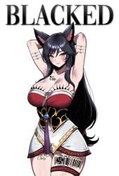 1girls ahri ahri_(league_of_legends) ai_assisted ai_generated animal_ears armpits arms_up barcode black_hair blacked blacked_tattoo body_writing breasts cleavage closed_mouth collarbone cowboy_shot english_text facial_mark female fox_ears fox_girl large_breasts league_of_legends league_of_legends:_wild_rift leg_tattoo long_hair looking_at_viewer nay_juno no_tail riot_games sash sexy sexy_pose simple_background snowbunny solo tattoo tattoo_on_arm tattoo_on_breast tattoo_on_chest tattoo_on_legs tattooed_arm tattoos tattoos_everywhere vastaya very_long_hair white_background yellow_eyes