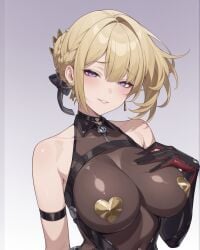 1girls ai_generated arm_strap bare_shoulders blonde_hair blush breasts choker earrings evelyn_chevalier female gloves gradient_background hair hair_bun hair_ornament hand_on_breast harness heart_pasties large_breasts looking_at_viewer notreallyhere parted_lips pasties purple_eyes see-through_clothes short_hair simple_background smile solo upper_body zenless_zone_zero