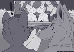 ! 2019 anthro blush canid canine closed_eyes clothed clothing fellatio group hi_res kissing lagomorph leporid male male/male mammal monochrome open_mouth oral penile public rabbit sex shiuk