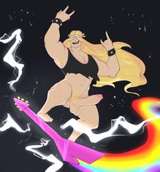 1boy \m/ barefoot blonde_hair bottomless dexter's_laboratory electric_guitar erection guitar hair_over_eyes headband himbo himerosthegod justice_friends lightning long_hair male male_only penis pubes rainbow ripped_clothing smile solo solo_male spiked_armlet surfing val_hallen