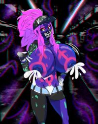 akali blacklight blue_skin bodypaint breast_expansion breasts face_mask female graffiti huge_breasts inflation k/da_akali k/da_series lactation league_of_legends mask neon peace_sign pink_hair smutstrut yellow_eyes