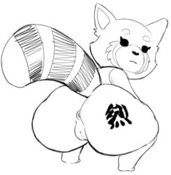 aggressive_retsuko ailurid anthro anus ass big_butt crouching female fur looking_at_viewer looking_back mammal monochrome necrolepsy nipples nude presenting presenting_hindquarters pussy red_panda retsuko sanrio shortstack simple_background smooth_skin solo thick_thighs white_background wide_hips