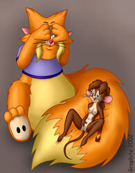 2002 an_american_tail anthro blue_eyes bottomless breasts brown_fur brown_hair clothed clothing domestic_cat don_bluth duo felid feline felis female fur graphite_(artist) grey_background hair male mammal masturbation mouse murid murine navel nipples nude orange_fur pussy red_nose rodent simple_background size_difference tanya_mousekewitz tiger_(an_american_tail) vaginal_masturbation vaginal_penetration whiskers