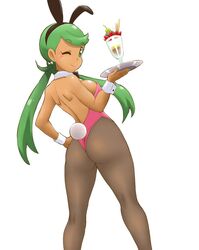 1girls aged_up alternate_breast_size alternate_outfit back big_ass big_breasts bunny_ears bunny_girl bunnysuit dark-skinned_female dark_skin female female_only green_eyes green_hair human long_hair mallow_(pokemon) nintendo nipples nipples_visible_through_clothing pokemon pokemon_sm solo thick_thighs thigh_gap tof wide_hips