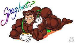 barazoku barely_contained better_version_at_source bobthetanuki clothing gloves handwear hi_res looking_at_viewer male male_only mammal meme muscular muscular_male seductive solo somebody_toucha_my_spaghet text ursid