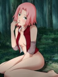 1girls ass barefoot blush breasts clothing elbow_pads feet female female_only finger_in_mouth forest grass green_eyes legs looking_at_viewer naruto naruto_(series) naruto_shippuden no_panties no_pants open_clothes open_jacket open_shirt pink_hair pose posing sakura_haruno seductive seductive_look seductive_smile sideboob sitting small_breasts solo solo_female solo_focus takladeni thighs trees