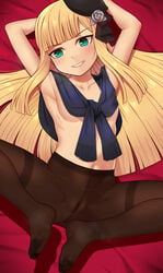 armpits atsumisu bangs beret black_headwear blonde_hair blue_scarf blunt_bangs blush breasts brown_legwear crotch_seam eyebrows_visible_through_hair fate/grand_order fate_(series) feet female green_eyes grey_rose grin hat long_hair looking_at_viewer lord_el-melloi_ii_case_files lying navel nt00 on_back pantyhose pussy reines_el-melloi_archisorte ringed_eyes scarf small_breasts smile solo spread_legs sweat sweatdrop thighband_pantyhose