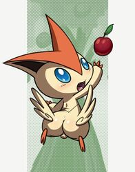 1boy 2019 2_toes 3_fingers apple ass back big_ass big_ears big_eyes blue_eyes blue_sclera blush bottom_heavy butt_wings digital_media_(artwork) fangs feet feral fingers food fruit fur furry green_background hi_res legendary_pokémon lkiws looking_away looking_back looking_up male male_only mammal nintendo open_mouth orange_fur plant pokémon_(species) pokemon pokemon_bw reaching rear_view simple_background solo teeth testicles thick_thighs toes tongue tree victini video_games white_border wide_hips wings yellow_fur