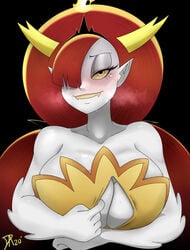 1girls blush breasts cleavage clothing crown dalley_le_alpha demon demon_girl demon_horns disney disney_channel dress eyelashes fangs female female_only fire flame hair hair_over_one_eye half-closed_eyes hekapoo horns humanoid large_breasts long_hair looking_at_viewer open_clothes orange_eyes paizuri_invitation pointy_ears red_hair seductive seductive_smile sharp_teeth signature smile solo solo_female star_vs_the_forces_of_evil sweat teeth white_skin yellow_dress