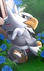 2019 accipitrid accipitriform animal_crossing anthro apollo_(animal_crossing) avian bald_eagle beak bird blush bodily_fluids canid canine canis duo eagle embrace feathers female flower fur furry grass grey_fur hi_res hug huge_head katahane3 looking_pleasured male mammal nintendo nude outside penetration penis plant pussy rose_(flower) sea_eagle sex sky straight sweat video_games white_feathers whitney_(animal_crossing) wings wolf