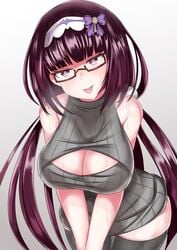 1girls bare_shoulders bent_over black_hair black_legwear black_sweater breasts cleavage cleavage_cutout dress fate/grand_order fate_(series) glasses hairband head_tilt large_breasts leaning_forward long_hair open-chest_sweater osakabe-hime_(fate) purple_eyes ribbed_sweater semi-rimless_glasses sleeveless sleeveless_turtleneck sweat sweater sweater_dress thighhighs thighs tongue tongue_out very_long_hair