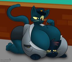 2girls anthro aunt_molly_(nitw) blue_fur feline furry huge_breasts incest kingretrokirby mae_borowski night_in_the_woods pinned_down policewoman red_eyes skullman777 tail