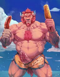 2019 anthro bodily_fluids body_hair bracelet chernobog cloud corn cum demon facial_hair food furry genital_fluids hair hi_res horn hot_dog jewelry laon8130 male male/male male_only moustache musclegut muscular nipples penis sea smile tokyo_afterschool_summoners video_games water