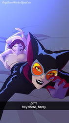 2girls age_difference ass ass_grab ass_lick barbara_gordon batgirl_(the_batman) batman_(series) bottomless catwoman catwoman_(the_batman) cellphone costume cunnilingus dc_comics female female_only masked multiple_girls nude_female older_female on_bed photo rainyseasonsketches selfie snapchat straight_hair the_batman younger_female yuri