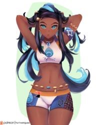 /// 1girls abs aqua_eyes aquamarine_eyes armlet armpits arms_up artist_name ass_visible_through_thighs belly_chain blue_eyes blue_hair breasts brown_skin chestnut_mouth cyan_eyes cyan_hair dark-skinned_female dark_hair dark_skin earrings eye_contact eyelashes eyeshadow female hands_behind_head hands_up hip_bones hoop_earrings light_blue_eyes long_hair looking_at_viewer makeup medium_breasts navel necklace nessa_(pokemon) nintendo open_mouth patreon pokemon pokemon_ss pose ribs shirt shorts skinny small_breasts solo sportswear tank_top text thigh_gap thin_waist two_tone_hair url wasp_waist wide_hips yur1rodrigues