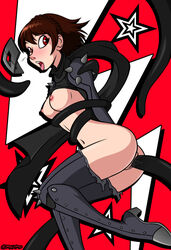 1girls areolae arms_behind_back blush bold-n-brash breasts breasts_out brown_hair clothing female female_focus female_only hair makoto_niijima megami_tensei mostly_nude navel nipples open_mouth partially_clothed penetration persona persona_5 pussy red_eyes restrained restrained_by_tentacles solo solo_focus tentacle tentacle_around_waist tentacle_in_pussy tentacle_sex tongue_out torn_clothes vaginal_penetration video_games