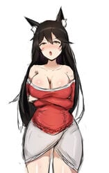 ahri arms_crossed breasts cleavage female female_only large_breasts league_of_legends looking_at_viewer open_mouth pmstar solo