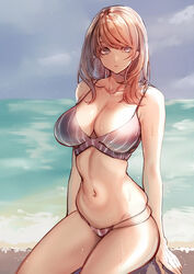 amane_ruri arma beach big_breasts bikini brown_hair curvy cute female female_only hips huge_breasts large_breasts long_hair looking_to_the_side sky thick thick_thighs thighs water wide_hips