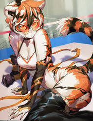 1girls anthro arknights ass big_breasts catgirl female furry glasses laying_on_side looking_up orange-tinted_eyewear round_glasses salmon88 sunglasses sweat sweaty tiger tiger_ears tiger_tail tinted_eyewear waai_fu_(arknights)