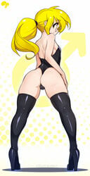 1boy 2018 androgynous ass blonde_hair bunnysuit crossdressing dat_ass femboy girly glasses high_heel_boots jet_(character) krokobyaka latex looking_at_viewer looking_back male male_only original original_character ponytail solo thigh_boots trap