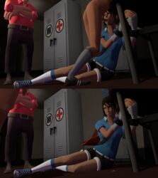 3d bondage cum cum_in_mouth cum_on_face defeated engineer engineer_(team_fortress_2) fellatio femscout femscout_(alt_design) femscout_(hatless) forced forced_oral garry's_mod irrumatio oral penis rape restrained scout table team_fortress_2 tied_up watching