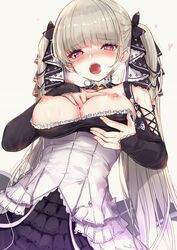 1girls absurdres akasaai azur_lane between_breasts blush breasts commentary_request detached_sleeves dress female formidable_(azur_lane) gothic_lolita grey_background hair_ribbon hand_between_breasts heart heart-shaped_pupils heavy_breathing highres large_breasts light-skinned_female light_skin lolita_fashion long_hair looking_at_viewer open_mouth red_eyes ribbon royal_navy_(azur_lane) simple_background solo sweat symbol-shaped_pupils twintails