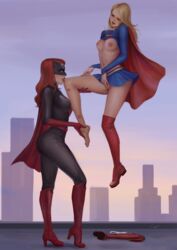 2girls arrowverse batwoman big_ass black_suit blonde_hair blue_suit city_background clothes clothing crossover dc dc_comics female female_only flying kate_kane kiss_mark kissing light_skin luccass medium_breasts multiple_girls red_boots red_cape red_gloves red_hair skirt supergirl yuri