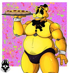 1boy 2021 abstract_background animatronic anthro arm_hair barazoku biceps big_bow_tie big_pecs black_nose black_sclera body_hair border bow_tie bulge clothed clothing dilated_pupils dogmanart five_nights_at_freddy's food glowing glowing_eyes golden_freddy_(fnaf) green_background hair half-closed_eyes hat headgear headwear hi_res holding_food holding_object machine male male_only mammal manly mostly_nude multicolored_body musclegut muscular narrowed_eyes navel orange_background pecs pepperoni pepperoni_pizza pizza presenting_bulge purple_background raised_arm red_background robot round_ears scut_tail short_tail simple_background solo speedo standing stomach_hair swimwear teeth thick_thighs top_hat topless topless_male tray triceps two_tone_body ursid video_games white_border white_eyes yellow_body