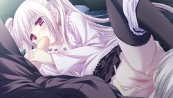 fellatio game_cg hello_good-bye hiiragi_koharu lump_of_sugar moekibara_fumitake panties panties_around_leg red_eyes thighhighs uncensored vagina white_hair