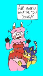 2girls alpaca animal_crossing ankha anthro apron ass bent_over black_eyes blue_background blue_hair blush breasts catgirl cleavage dress dress_lift embarrassed female female_only furry half-closed_eyes lifted_by_another lifting_skirt nintendo panties pink_fur pink_panties purple_eyes reese_(animal_crossing) surprised sweat tail thick_thighs undressing wide_hips yellow_fur