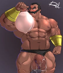 1boy abs bara condom condom_filling cum darun_mister excessive_cum facial_hair flaccid large_penis male male_only moustache muscle penis reclamon solo street_fighter street_fighter_ex uncensored veiny_penis