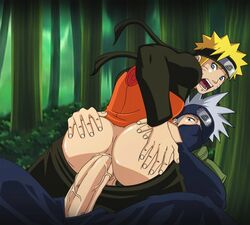 2boys anal anal_sex ass ass_grab big_ass black_eyes blonde_hair blue_eyes bubble_butt clothing cowgirl_position face_markings forest fully_clothed gay gninrom hand_on_ass hatake_kakashi large_ass male male_only male_penetrating mask naruto naruto_shippuden older_male open_mouth orgasm_face outdoors outside pants_down penetration penis sex silver_hair stuffed_ass teacher_and_student uncensored uzumaki_naruto veiny_penis whisker_markings whiskers yaoi yellow_hair