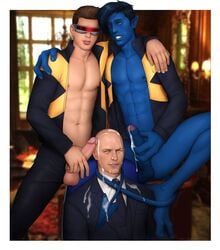 3_fingers 3_toes 3boys abs arm_around_shoulders bald barbed_tail black_hair blue_skin bottomless brown_hair celebrity charles_xavier cum cum_dripping cum_on_clothes cum_on_face cum_on_head cum_on_tail cyclops_(x-men) drawnpr0n eight_pack erect_nipples erection exposed_nipples eyes_rolled_up gay group_sex half-closed_eyes holding_penis homo_superior james_mcavoy kurt_wagner male male_only marvel marvel_comics mutant necktie nightcrawler open_jacket orgasm_face partially_retracted_foreskin pecs penis penis_out penis_size_difference pointed_ears scott_summers suit tail_around_neck threesome uncensored unimpressed unzipped_bodysuit visor x-men yaoi