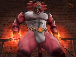 1boy 2019 4:3 abs angry anthro arm_support belt biceps black_fur brick bulge chains clothed clothing eye_contact fangs feline fire fur furry glowing glowing_eyes half-closed_eyes incineroar inside looking_at_viewer low-angle_view male male_only mammal mane muscular muscular_male navel nintendo nipples open_mouth pecs pokémon_(species) pokemon pokemon_sm pose quads realistic red_eyes red_fur roaring sharp_teeth solo teeth text thick_thighs thong tongue topless video_games watermark wide_hips zorrore