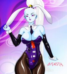 1girls alternate_breast_size alternate_outfit angel angel_(dragon_ball) big_ass blue_skin bunny_ears bunnysuit dicasty dragon_ball dragon_ball_super eye_contact half-closed_eyes looking_at_viewer ponytail solo text vados watermark wide_hips