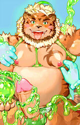 2020 absurd_res anthro balls belly blue_background blush erection felid genitals green_eyes hi_res hombretigre humanoid_genitalia humanoid_hands humanoid_penis kemono male male_only mammal moobs navel nipples overweight overweight_male pantherine penis pikaqoo scar simple_background solo_focus tiger tokyo_afterschool_summoners tongue tongue_out video_games