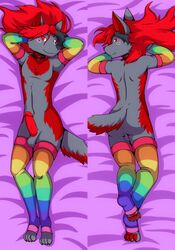 2019 absurd_res anthro anus ass backsack balls big_butt blush canid canine canis clothing collar dakimakura_design darashi_kuso erection fur gart gartie girly grey_fur hair hi_res legwear looking_at_viewer male mammal nude paws penis red_eyes red_hair smile socks solo thigh_highs wolf