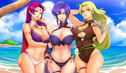 3girls ara_ara bare_arms bare_midriff bare_shoulders bare_thighs barely_contained beach belly big_breasts bikini blonde_hair breasts brunnya_(fire_emblem) child_bearing_hips chubby chubby_female cleavage cocky cocky_smile color confident confident_smile curvaceous curvy curvy_female curvy_figure earrings female female_only fire_emblem fire_emblem:_the_binding_blade fire_emblem:_the_blazing_blade fire_emblem:_the_sacred_stones fire_emblem_heroes flower flower_in_hair front-tie_bikini front-tie_top front_view harem hourglass_figure huge_breasts human human_only large_breasts light-skinned_female light_skin lipstick looking_at_viewer mature mature_female mature_woman milf multiple_girls naughty_face navel nintendo ocean one-piece_swimsuit pink_hair purple_hair revolverwingstudios sea seaside seductive seductive_look seductive_smile selena_(fire_emblem:_the_sacred_stones) selena_(summer)_(fire_emblem:_the_sacred_stones) slightly_chubby smile smiling smiling_at_viewer smirk smirking stomach swimsuit take_your_pick thick thick_hips thick_thighs thighs tight_clothing tight_fit ursula_(fire_emblem) ursula_(summer)_(fire_emblem) water wide_hips