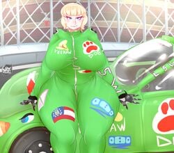 2020 amanda_campbell bbw big_breasts big_nose blonde_hair blue_eyes breasts car cev chubby chubby_female clothed clothes clothing curvaceous curvy digital_media_(artwork) female female_only gloves human looking_at_viewer milf racing_suit short_hair smirk solo solo_focus thick_thighs